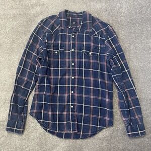 Gap Shirt Mens Medium Blue Pink Plaid Pearl Snap Western Casual Slim Fit Denim